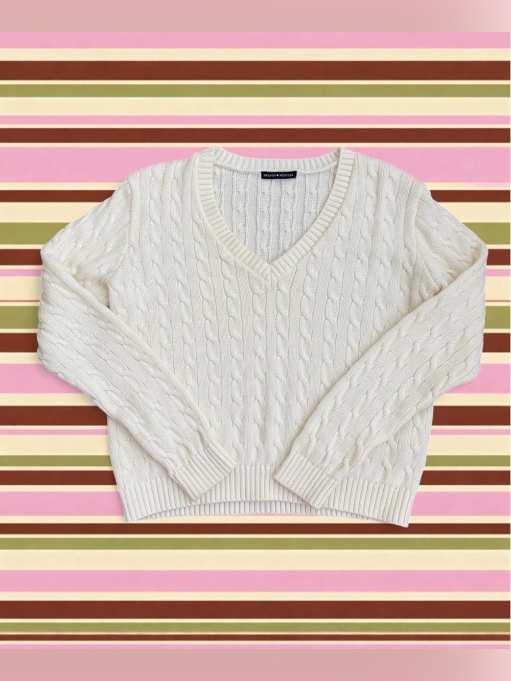 Brandy Melville Cream Cable Knit V-Neck Sweater
